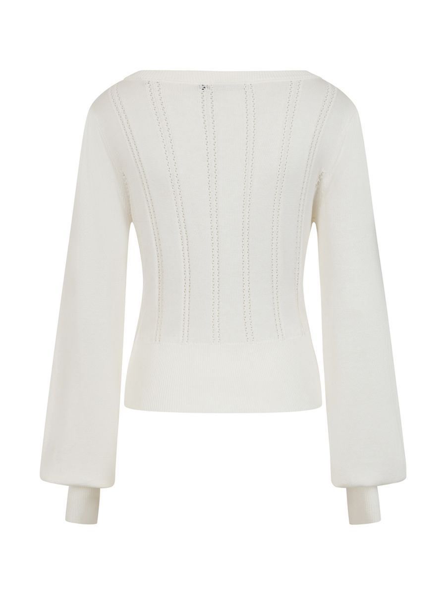 Banned Angel 40s Pointelle Knit Jumper - Crew Neck Pussy Bow Balloon Sleeve Sweater-OffWhite