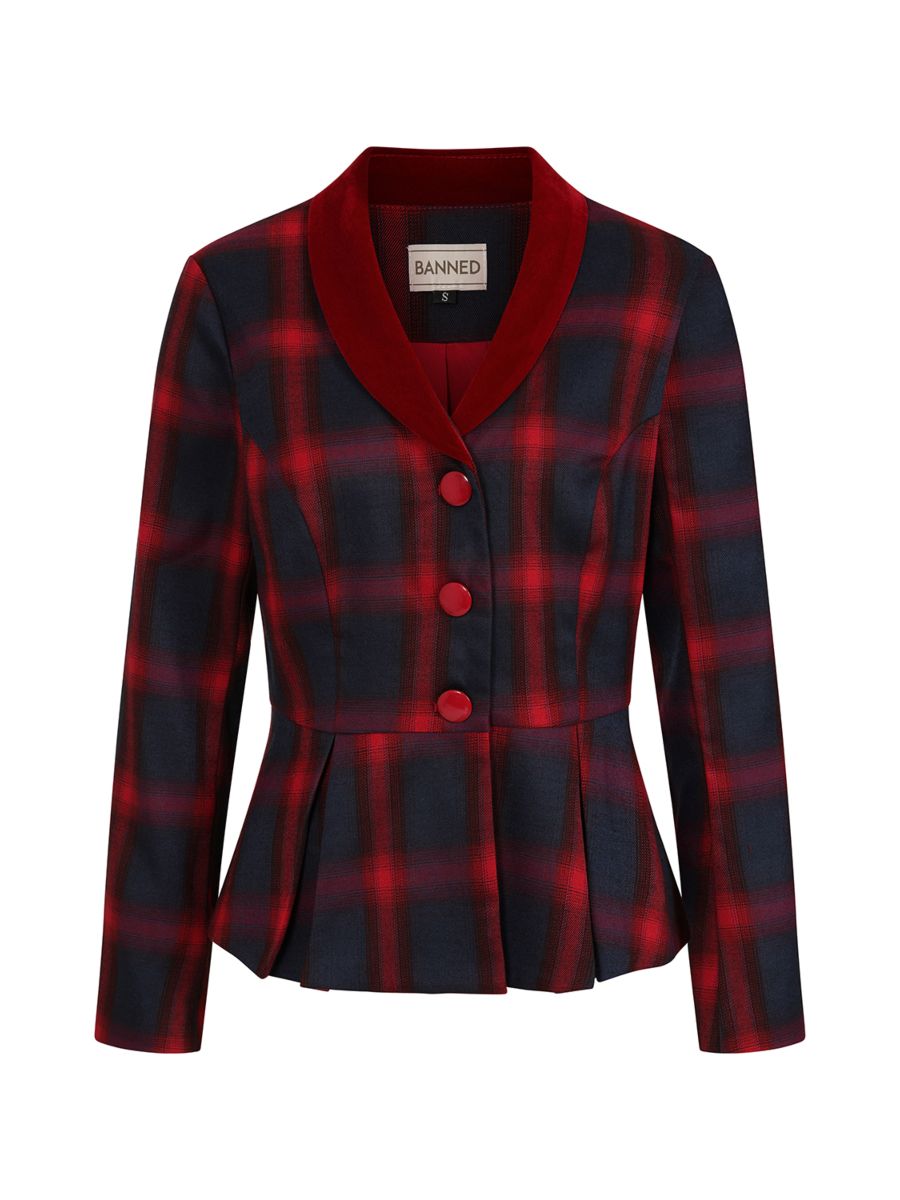 Banned Simona Check Blazer - 50s Style Plaid Fitted Suit Jacket-Red/Blue
