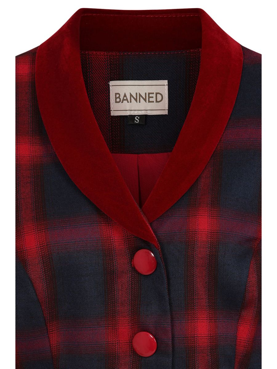 Banned Simona Check Blazer - 50s Style Plaid Fitted Suit Jacket-Red/Blue