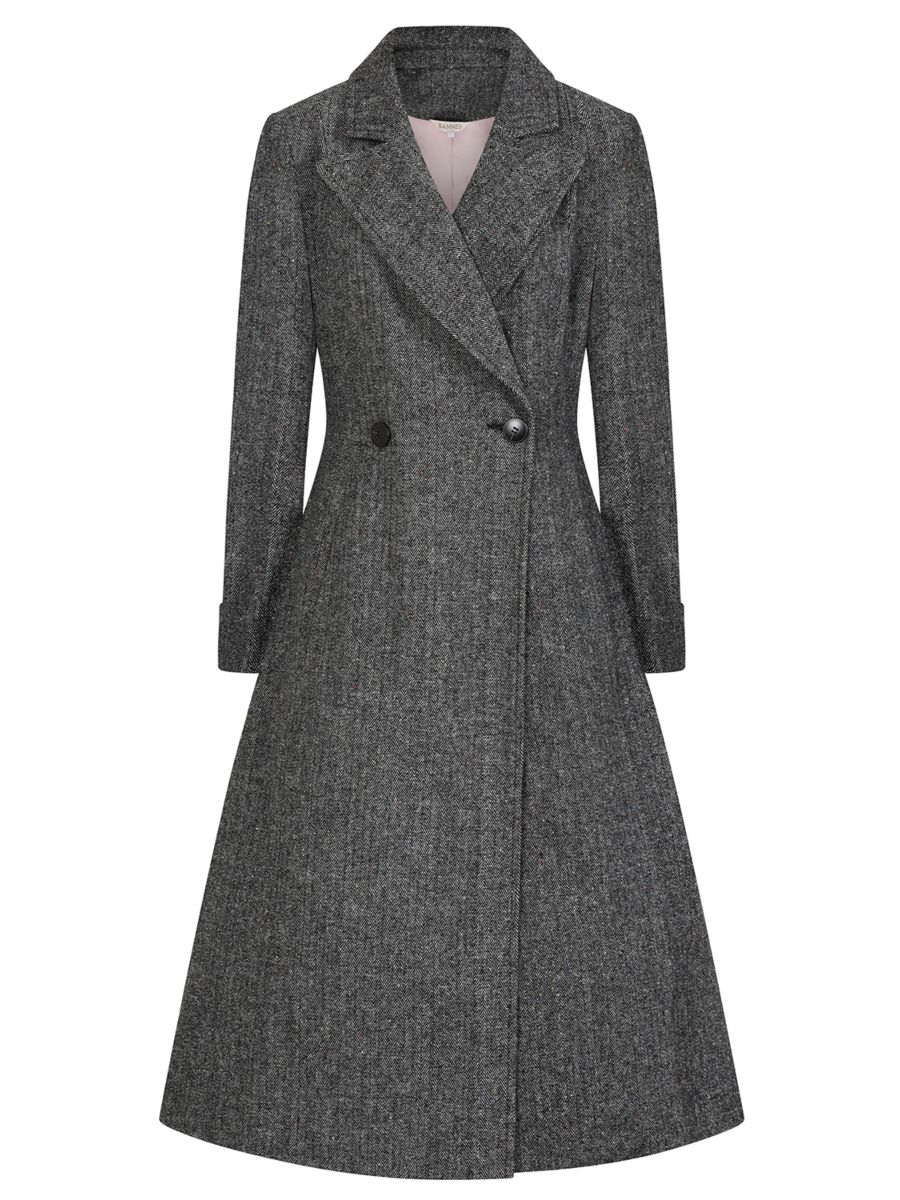 Banned Abigail Herringbone Wool Blend Coat - 40s Style Double-Breasted A-Line Coat-Grey