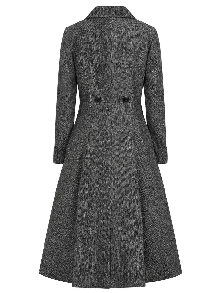 Banned Abigail Herringbone Wool Blend Coat - 40s Style Double-Breasted A-Line Coat-Grey