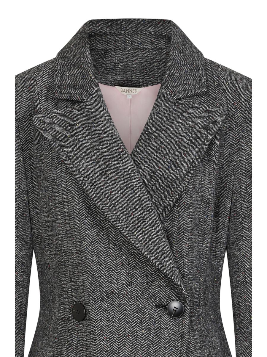 Banned Abigail Herringbone Wool Blend Coat - 40s Style Double-Breasted A-Line Coat-Grey