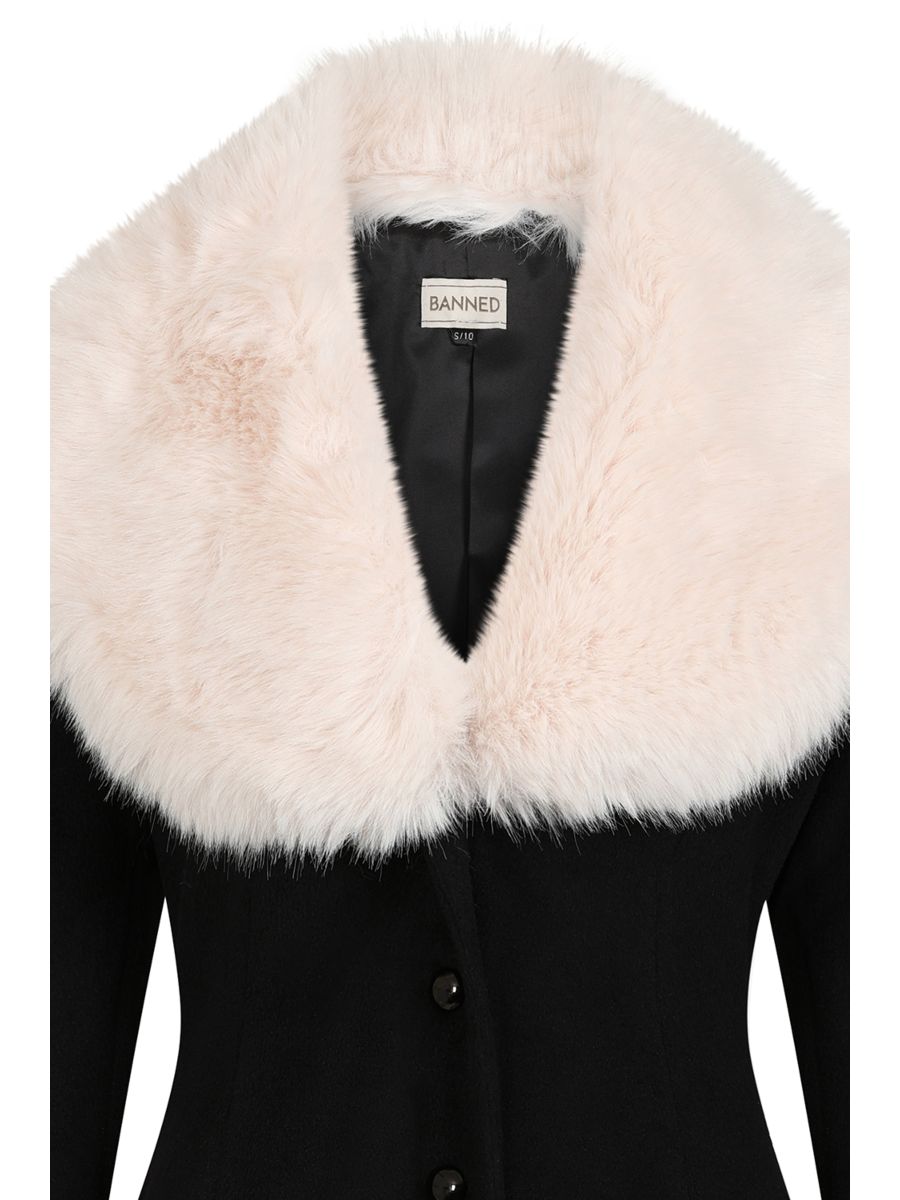 Banned Martha Fur Trim Swing Coat - 50s Style Faux Fur Collar Coat-Black
