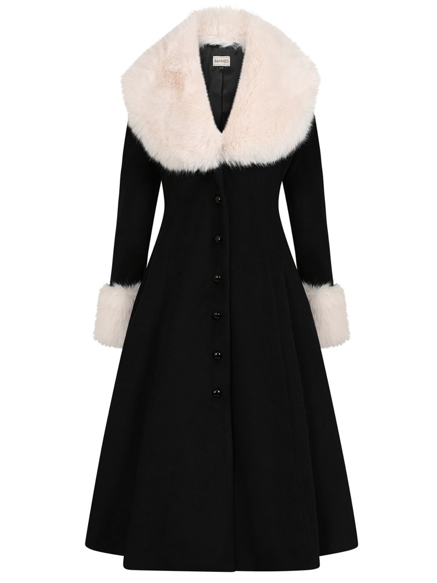 Banned Martha Fur Trim Swing Coat - 50s Style Faux Fur Collar Coat-Black