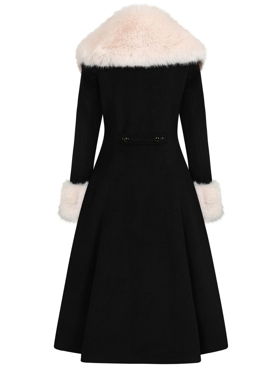 Banned Martha Fur Trim Swing Coat - 50s Style Faux Fur Collar Coat-Black