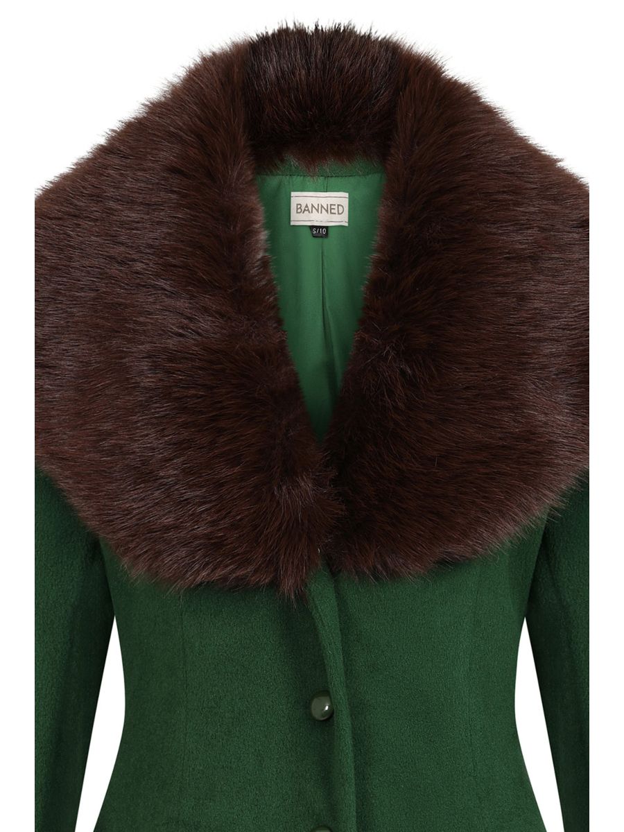 Banned Martha Fur Trim Swing Coat - 50s Style Faux Fur Collar Coat-Green