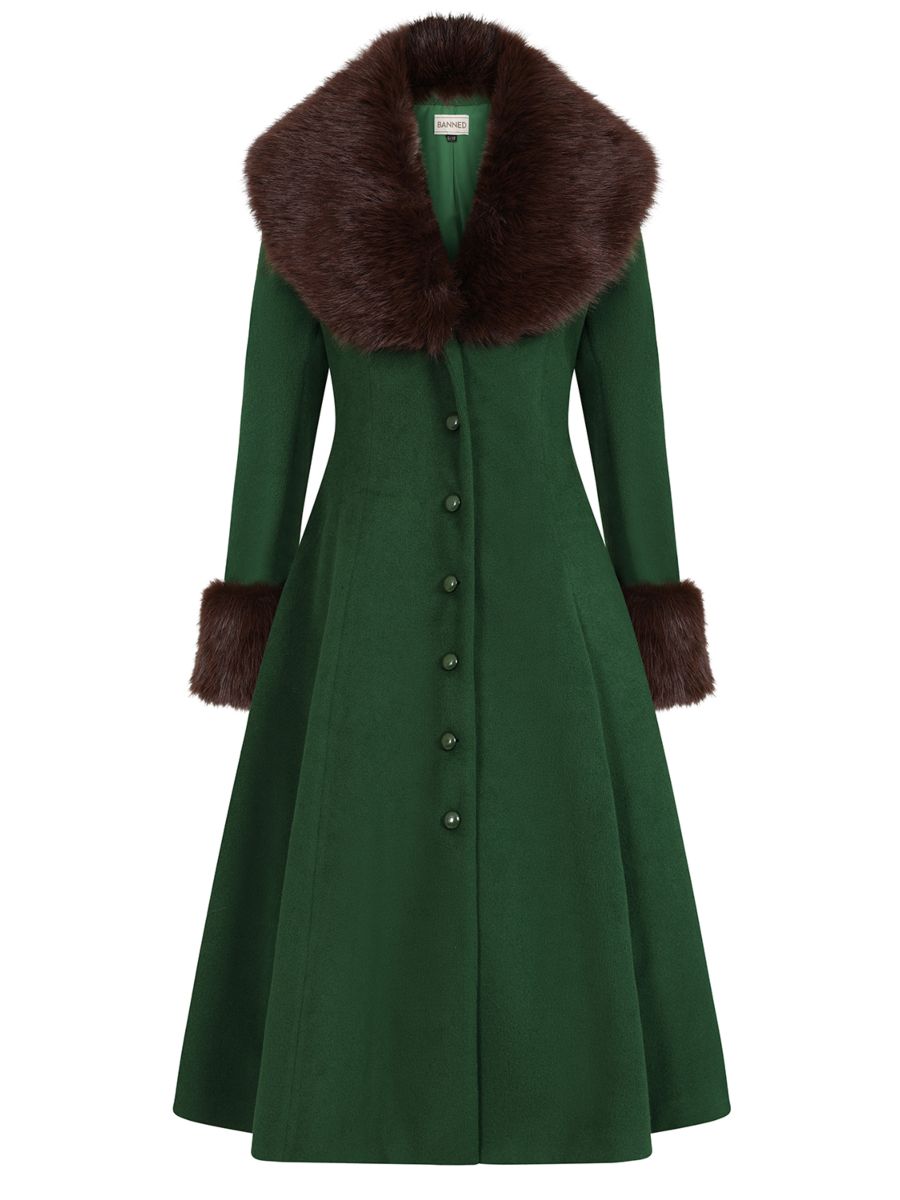 Banned Martha Fur Trim Swing Coat - 50s Style Faux Fur Collar Coat-Green