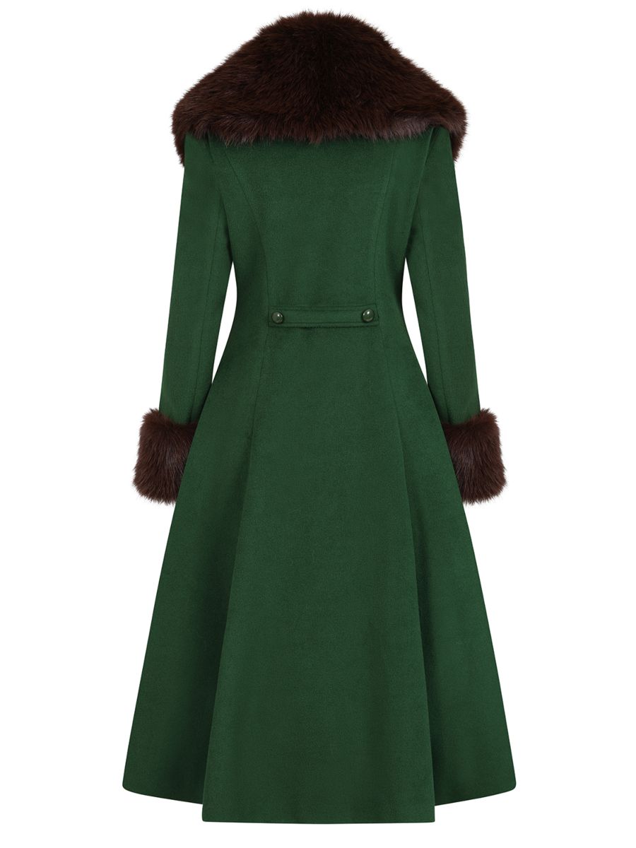 Banned Martha Fur Trim Swing Coat - 50s Style Faux Fur Collar Coat-Green