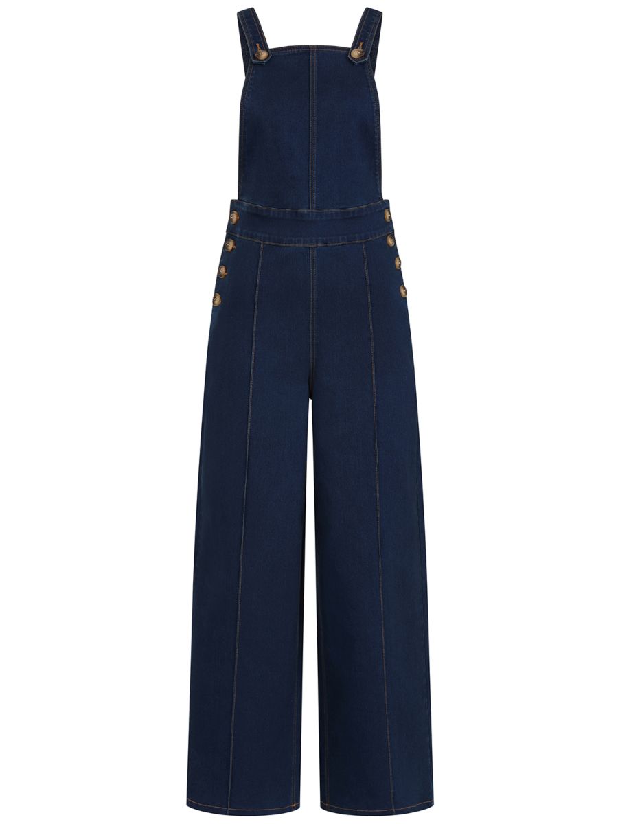 Banned Tamara Palazzo Dungarees - 40s Style Wide Leg Denim Overalls-Denim/Blue
