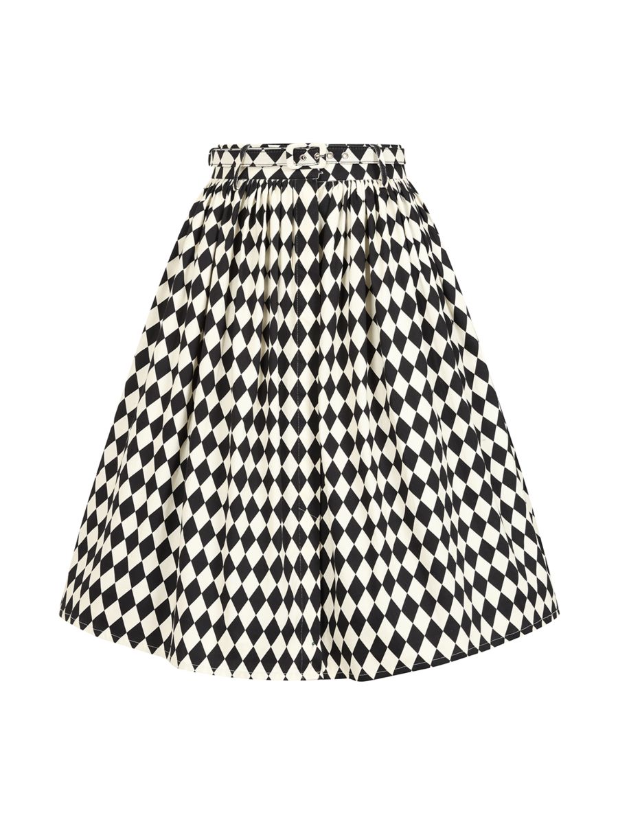 Banned Millie Harlequin Circle Skirt - Retro Style Diamond Print Swing Skirt with Belt-Black/White