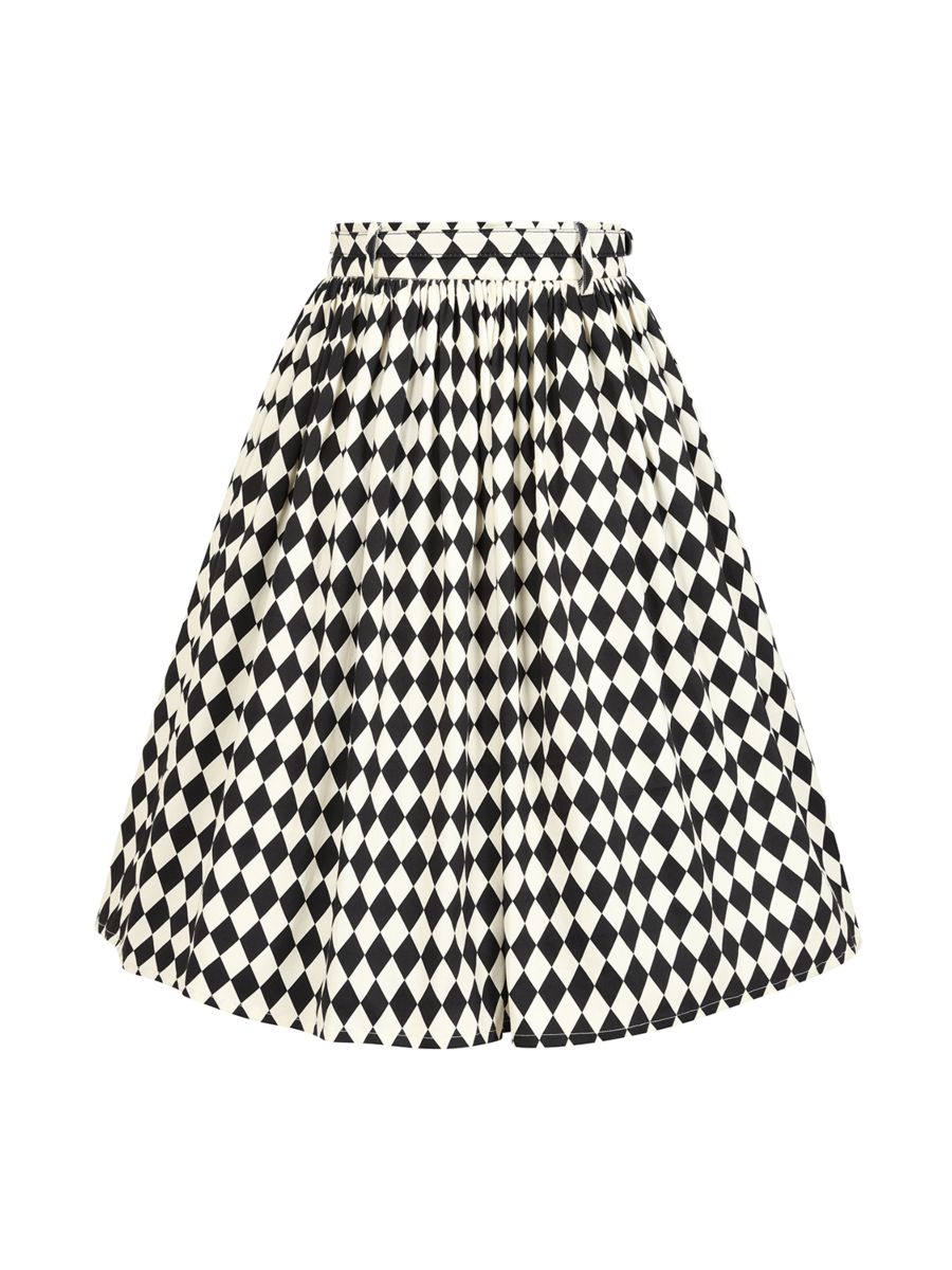 Banned Millie Harlequin Circle Skirt - Retro Style Diamond Print Swing Skirt with Belt-Black/White