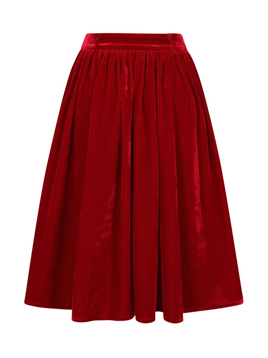Banned Millie Velvet Circle Skirt - Retro Style Luxury Swing Skirt with Belt-Red