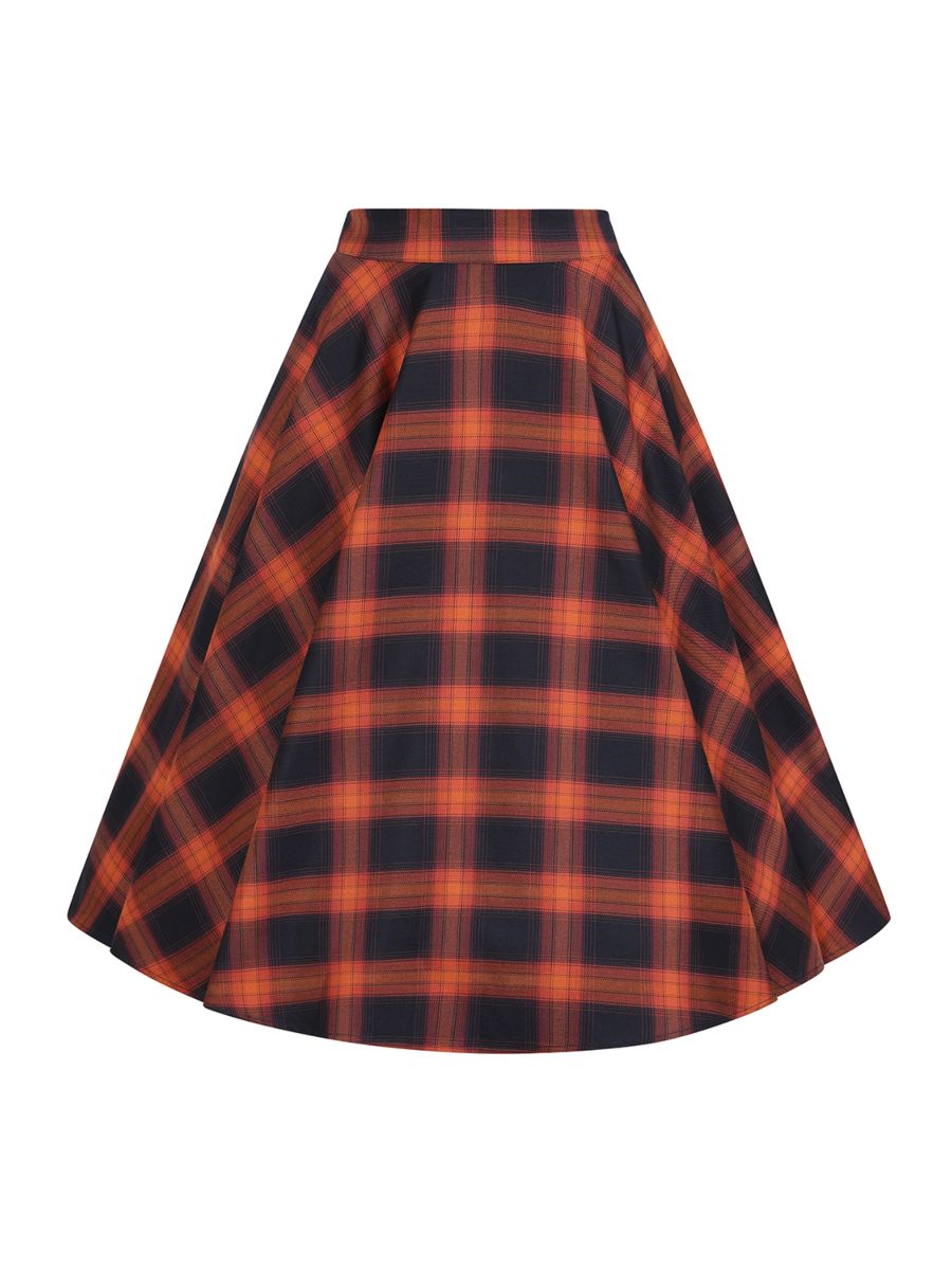 Banned Sue Pumpkin Check Circle Skirt - Retro Style Orange Plaid Swing Skirt-Orange/Blue