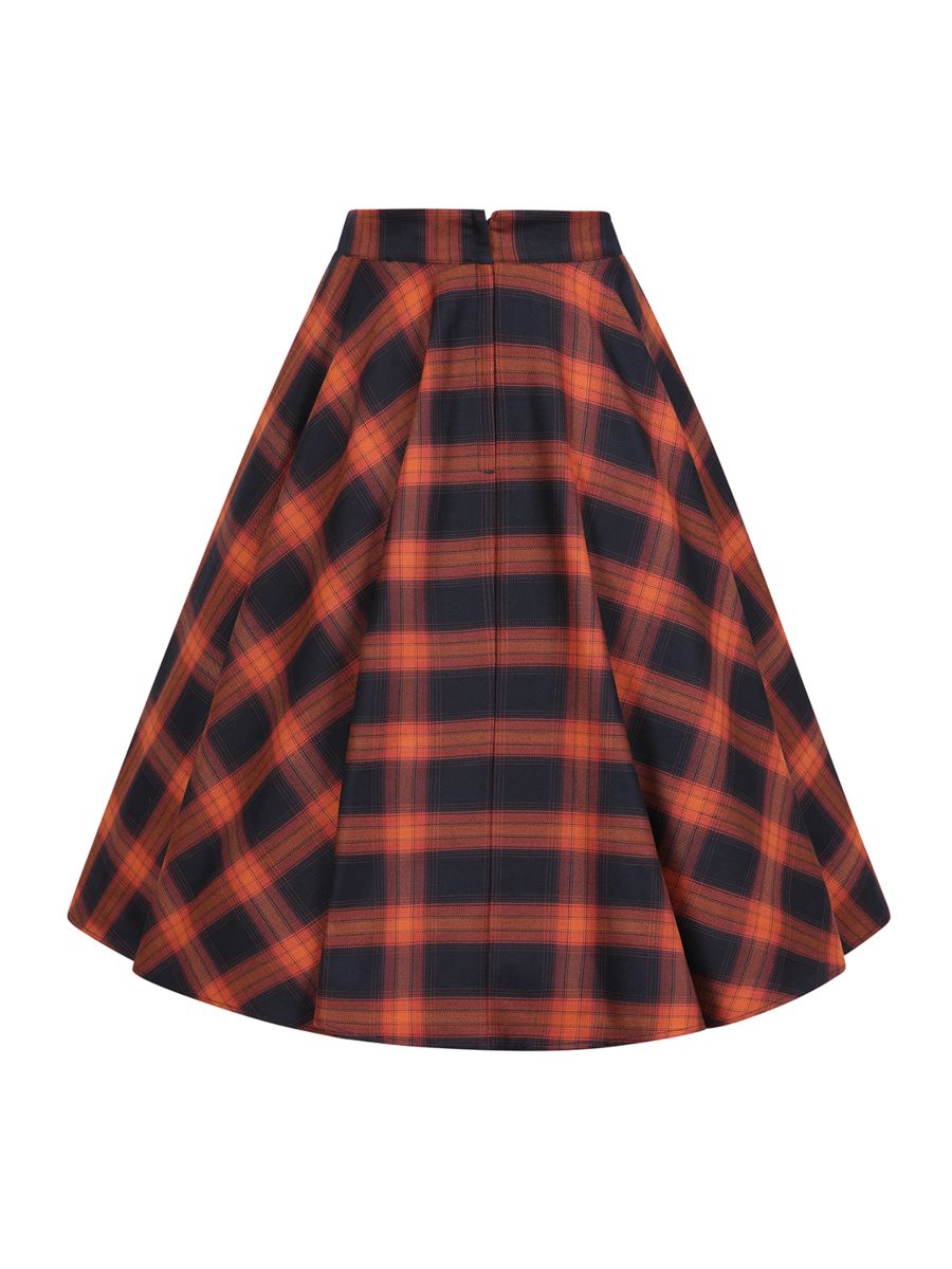 Banned Sue Pumpkin Check Circle Skirt - Retro Style Orange Plaid Swing Skirt-Orange/Blue