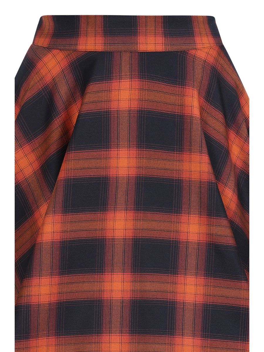 Banned Sue Pumpkin Check Circle Skirt - Retro Style Orange Plaid Swing Skirt-Orange/Blue