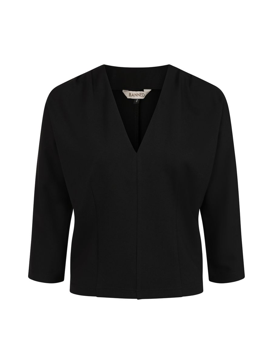 Banned Gilda Jersey Top - 50s Style Gathered Shoulder V-Neck-Black