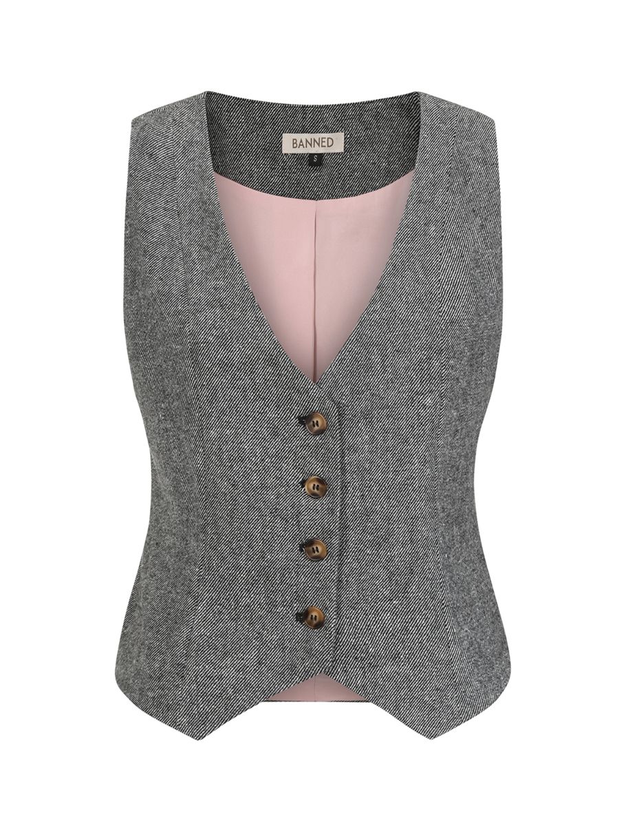 Banned Selma Herringbone Waistcoat - 40s Style Grey Fitted Vest-Grey