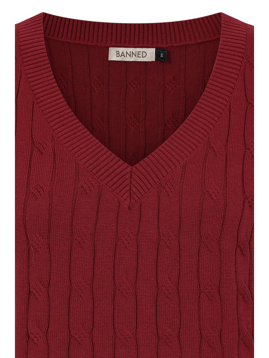 Banned Gina Cable Knit Waistcoat - 40s Style Menswear Inspired Vest-Burgundy