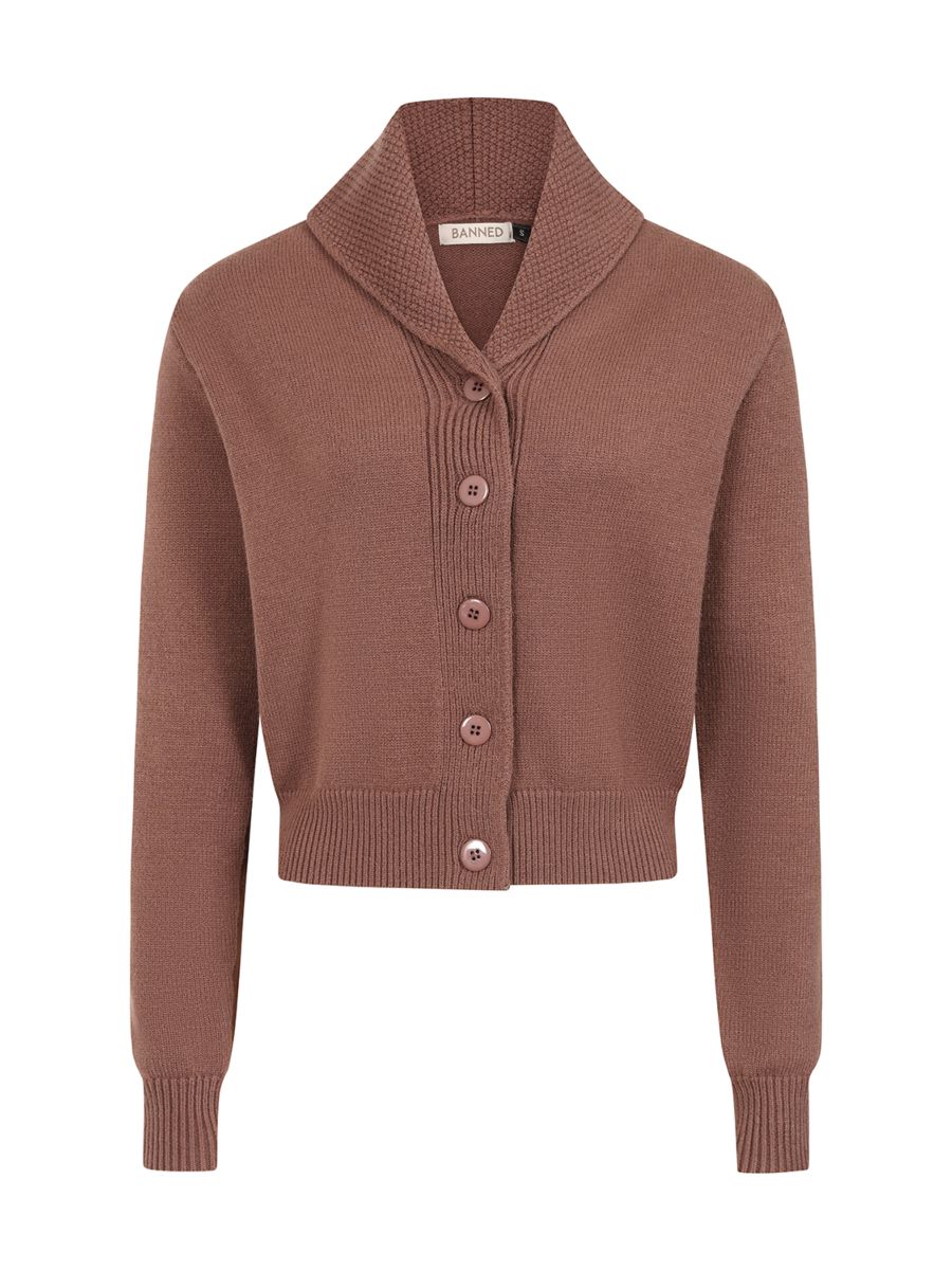 Banned Violet 40s/50s Crop Cardigan - Retro Style Shawl Collar Button-Up-Brown