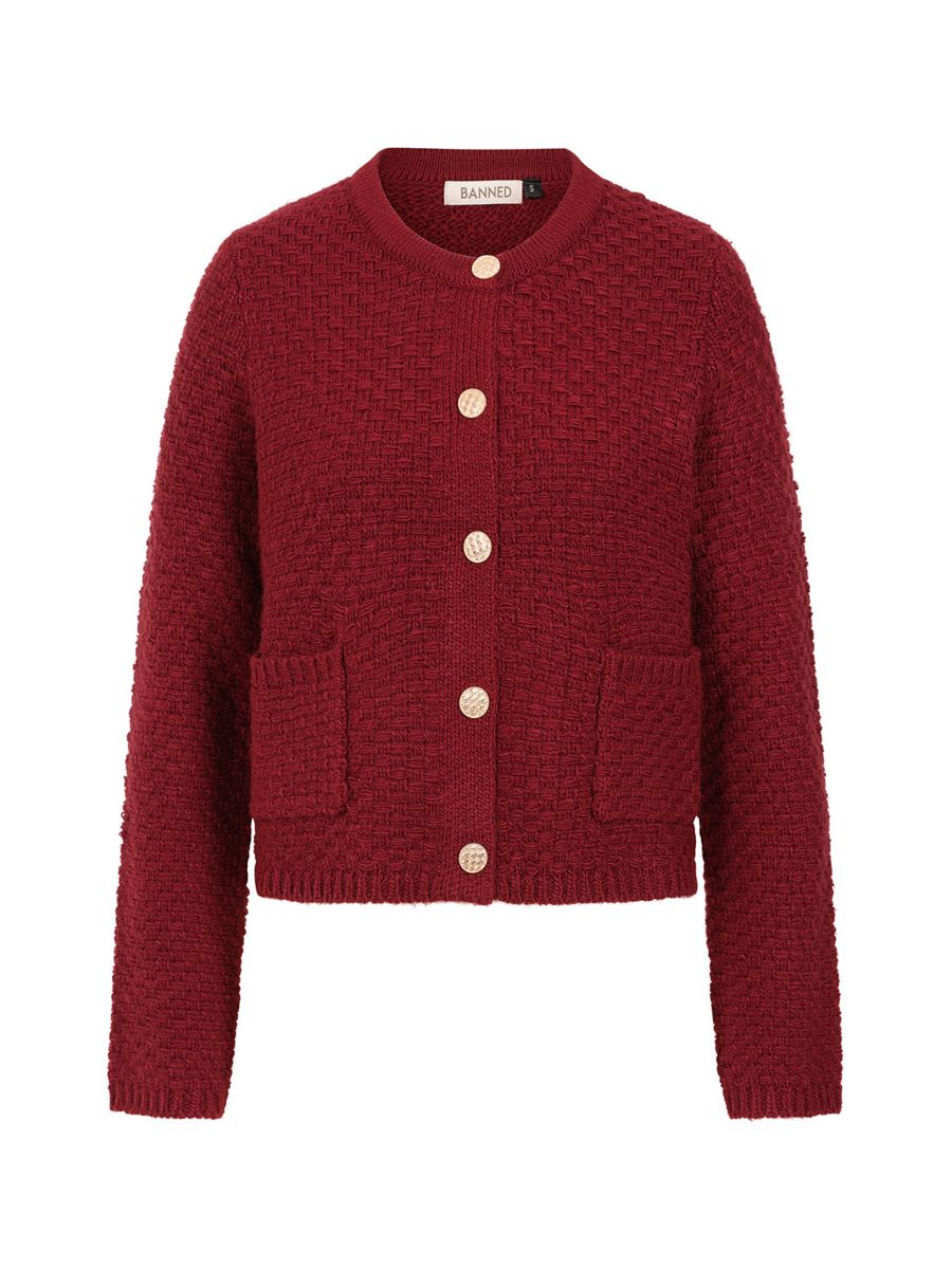 Banned Victoria 40s Crop Cardigan - Wool Mix Textured Jacket Style cardigan-Burgundy