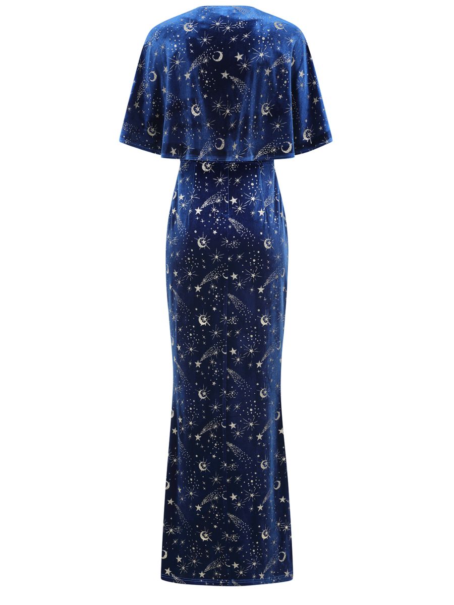 Banned Gloria Celestial Maxi Dress - 50s Style Galaxy Print Dress with Cape-Blue