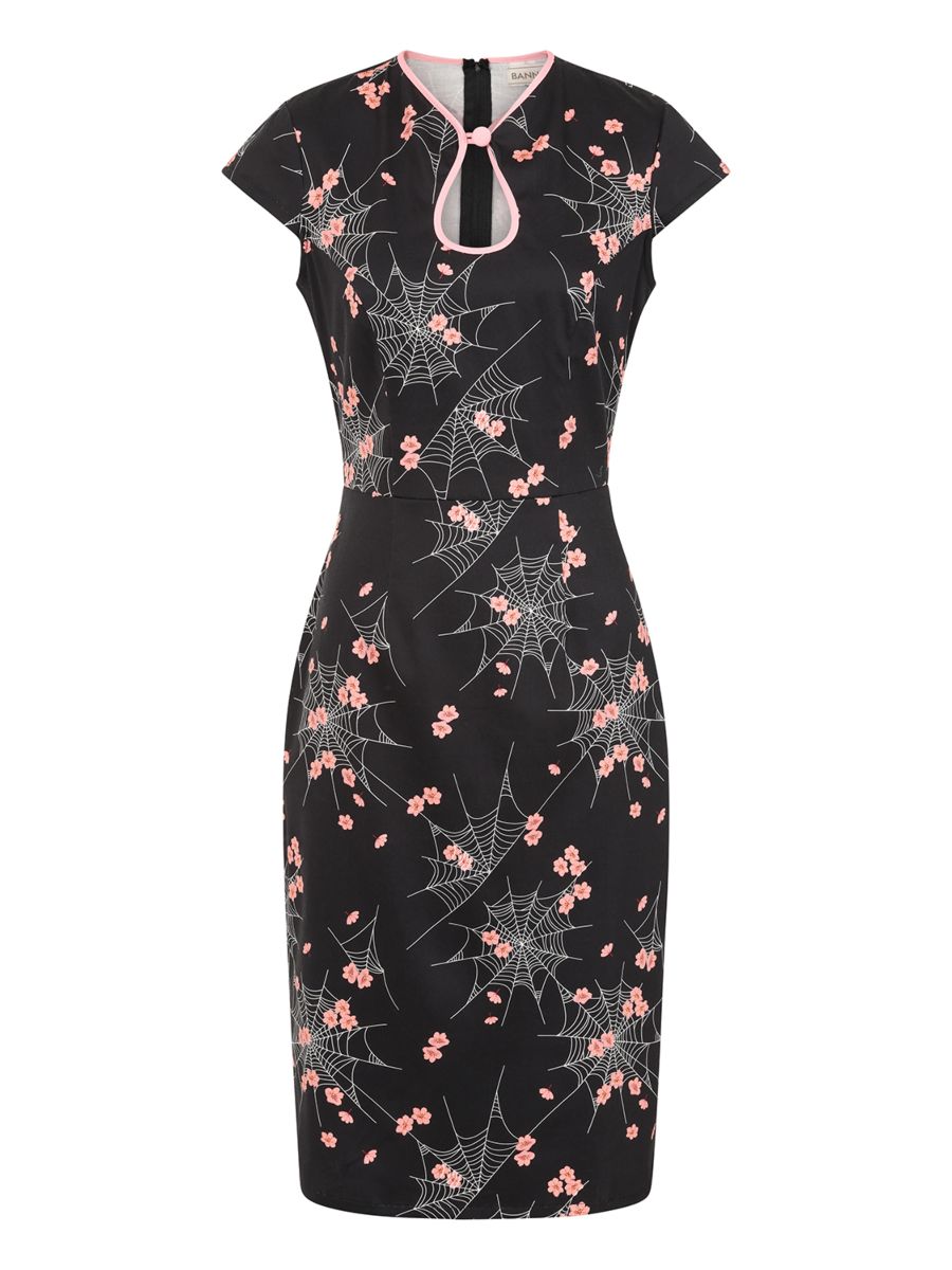 Banned Kaori Spiderweb Blossom Pencil Dress - 50s Style Oriental Fitted Dress-Black