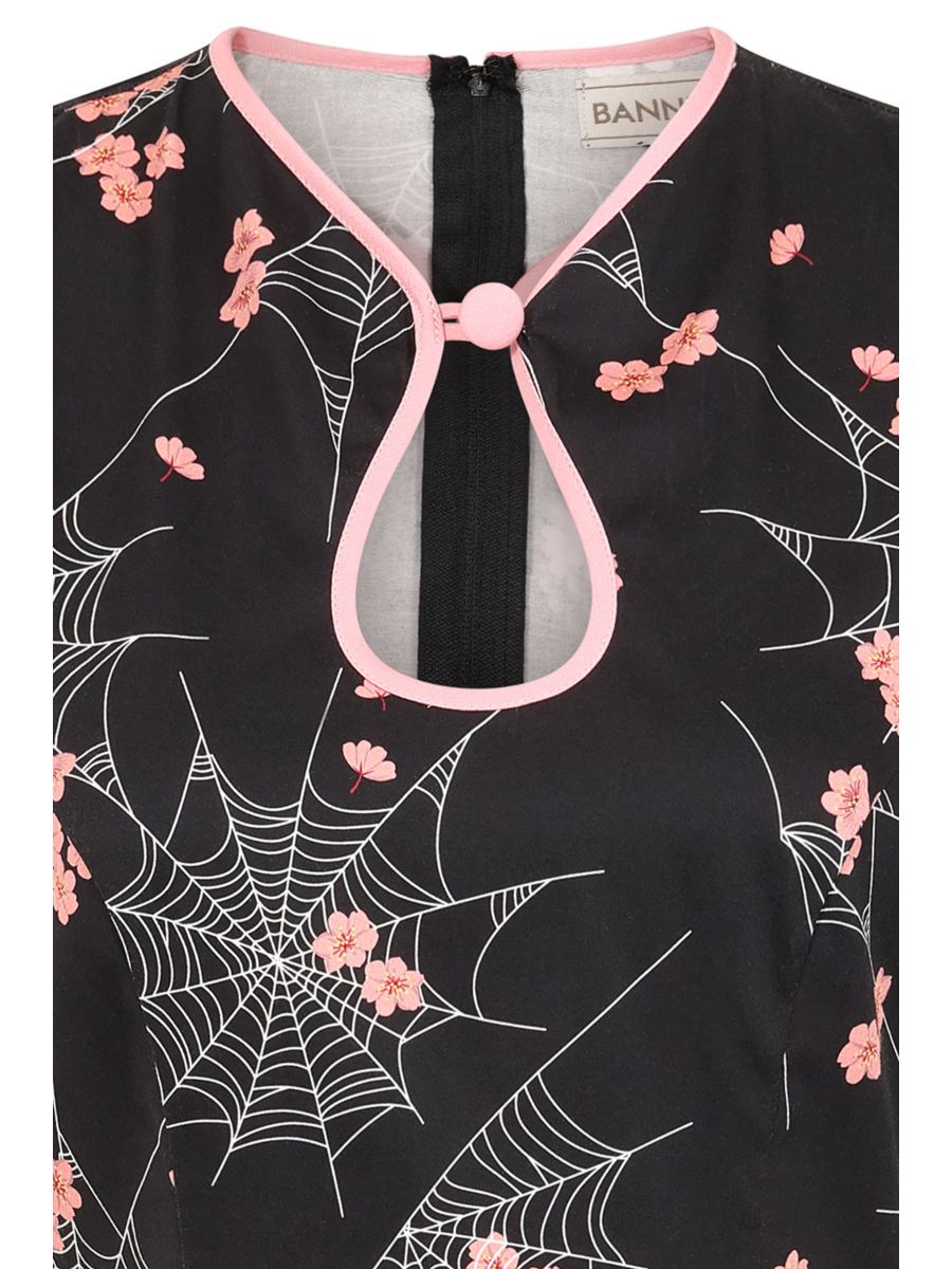 Banned Kaori Spiderweb Blossom Pencil Dress - 50s Style Oriental Fitted Dress-Black