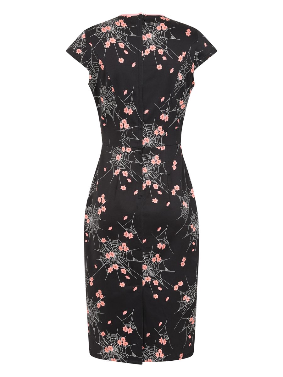 Banned Kaori Spiderweb Blossom Pencil Dress - 50s Style Oriental Fitted Dress-Black