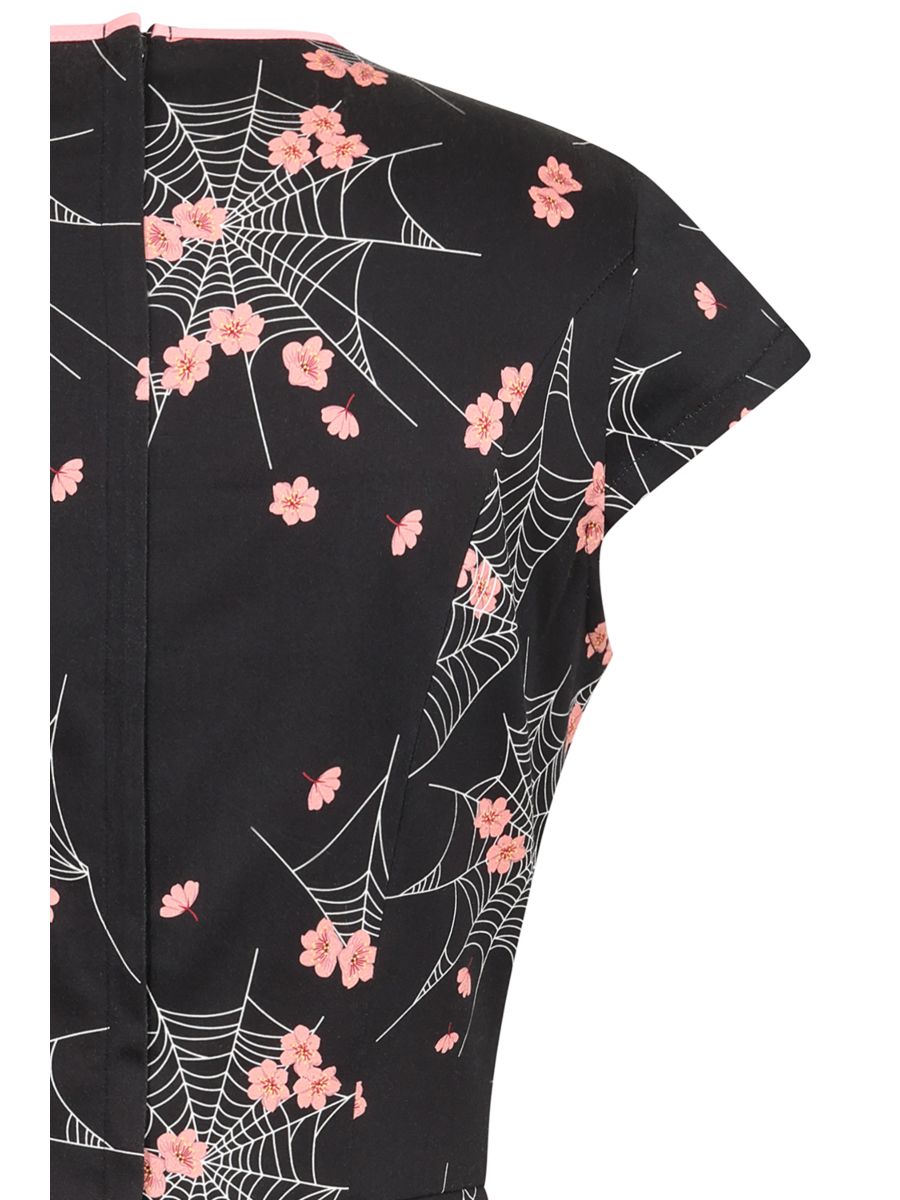 Banned Kaori Spiderweb Blossom Pencil Dress - 50s Style Oriental Fitted Dress-Black