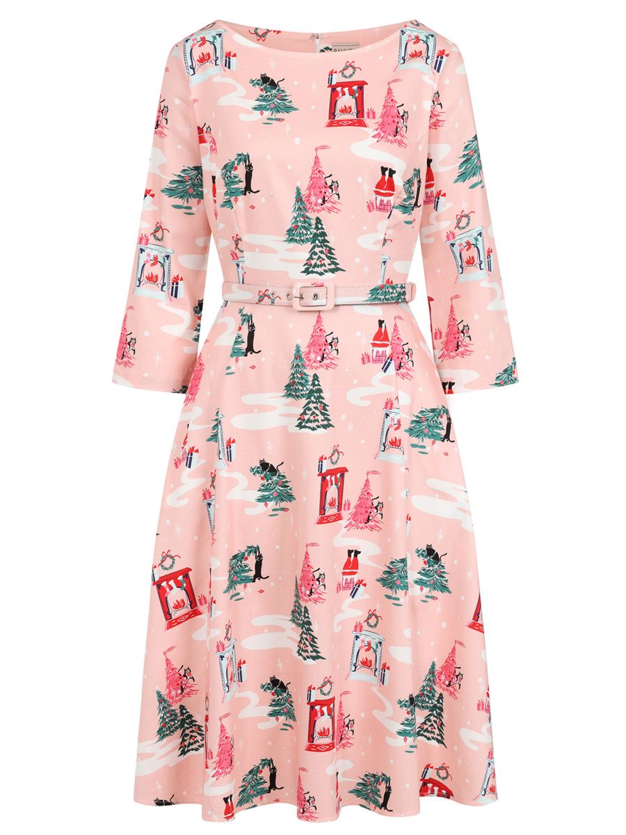 Banned retro Barbara Purrfect Christmas Swing Dress with Pockets.-Pink