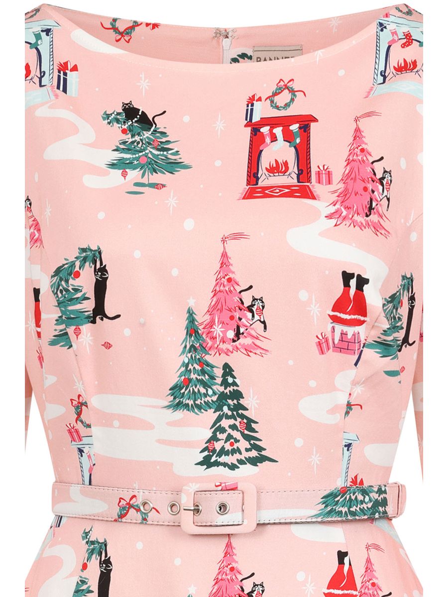 Banned retro Barbara Purrfect Christmas Swing Dress with Pockets.-Pink