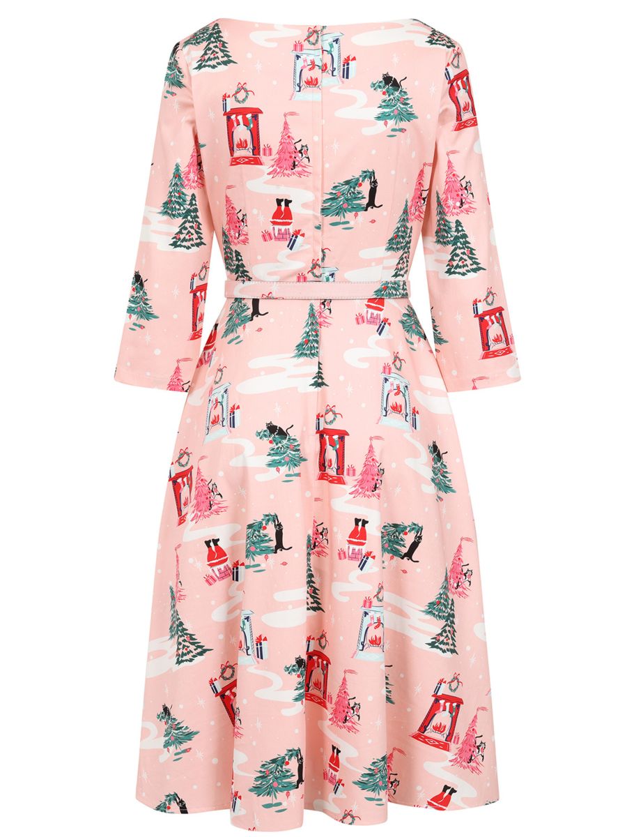 Banned retro Barbara Purrfect Christmas Swing Dress with Pockets.-Pink