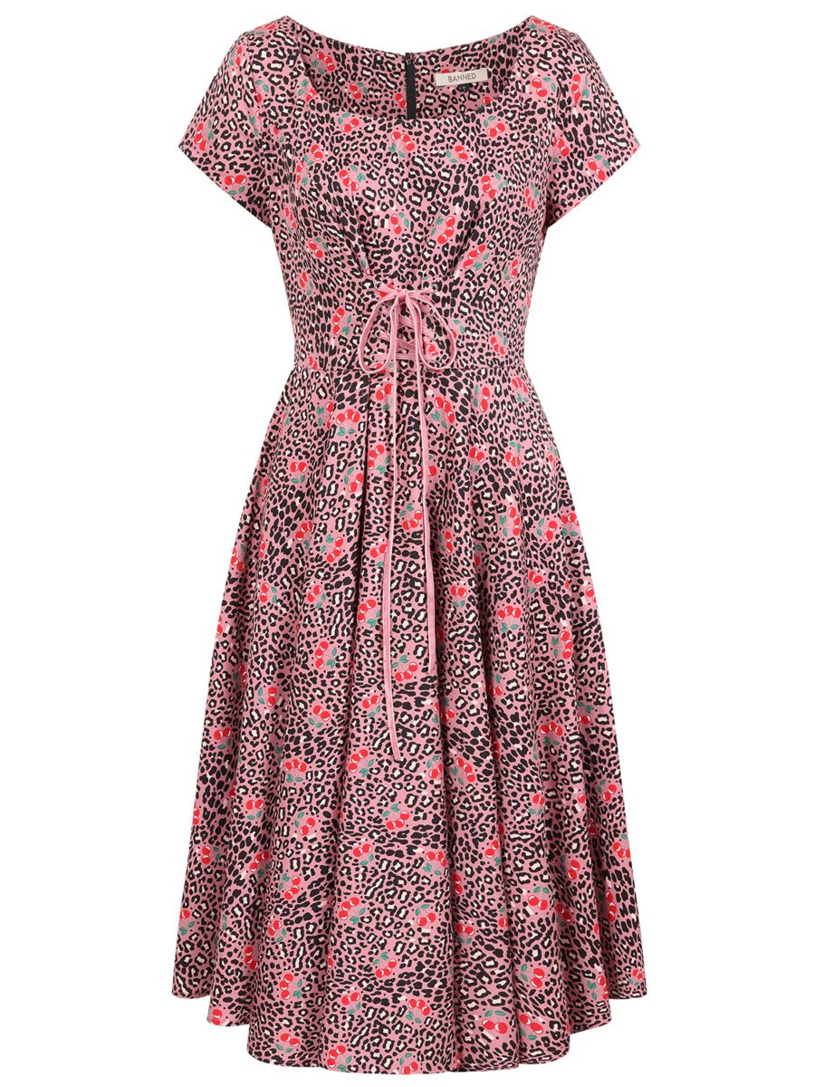 Banned Lola Cherry Leopard Swing Dress - 50s Style Animal Print Fruit Circle Dress-Pink