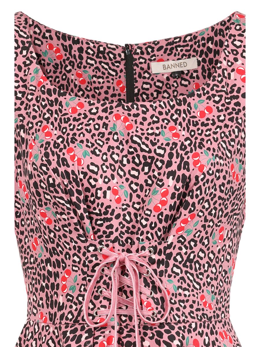 Banned Lola Cherry Leopard Swing Dress - 50s Style Animal Print Fruit Circle Dress-Pink