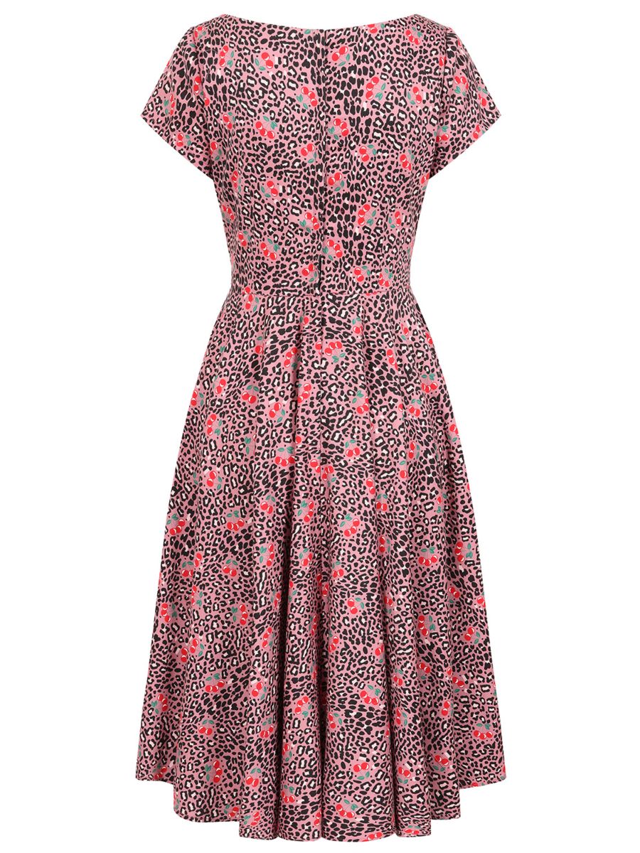 Banned Lola Cherry Leopard Swing Dress - 50s Style Animal Print Fruit Circle Dress-Pink