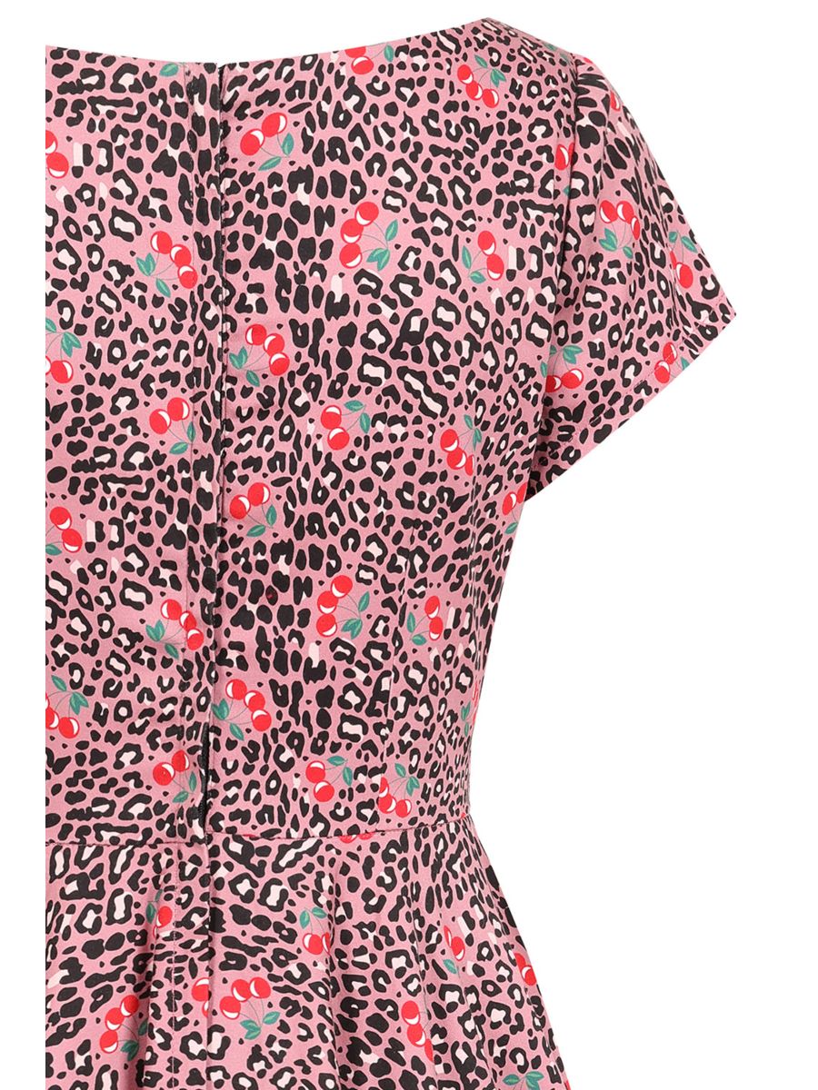 Banned Lola Cherry Leopard Swing Dress - 50s Style Animal Print Fruit Circle Dress-Pink