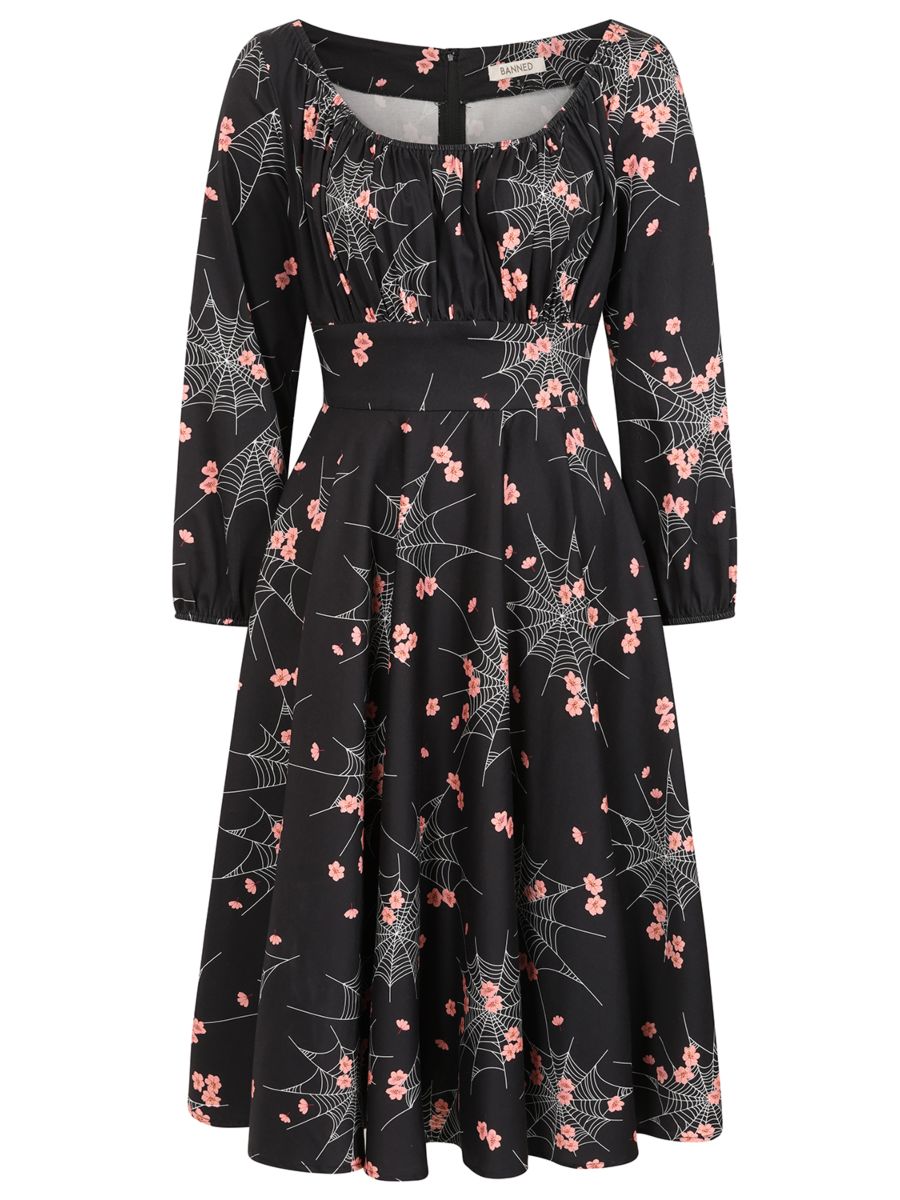 Banned Mina Spiderweb Blossom Swing Dress - 50s Style Floral Gothic Circle Dress-Black
