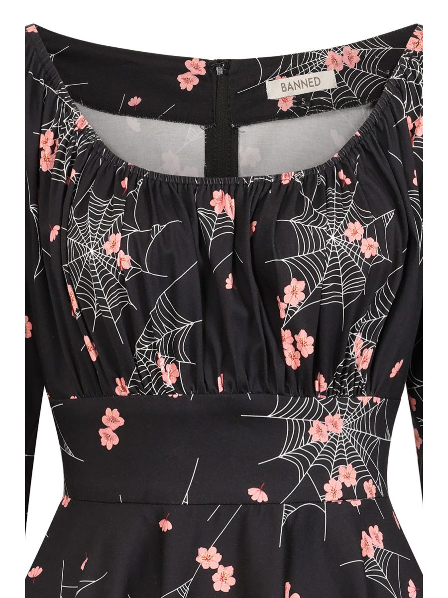 Banned Mina Spiderweb Blossom Swing Dress - 50s Style Floral Gothic Circle Dress-Black
