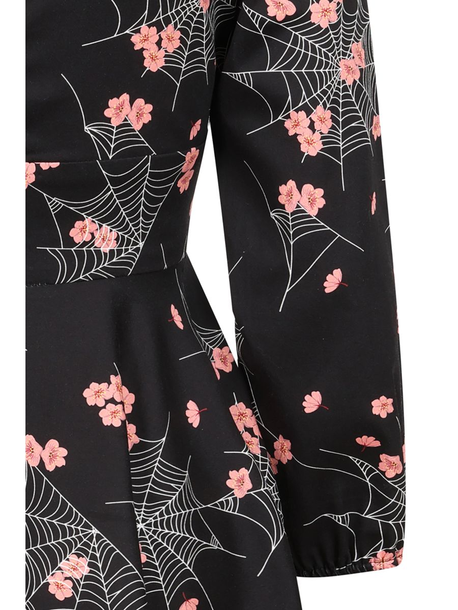 Banned Mina Spiderweb Blossom Swing Dress - 50s Style Floral Gothic Circle Dress-Black