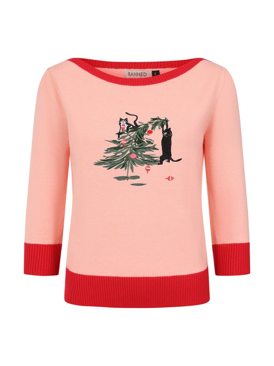 Banned Kiki Purrfect Christmas Jumper - 50s Style Cat Embroidered Sweater-Pink