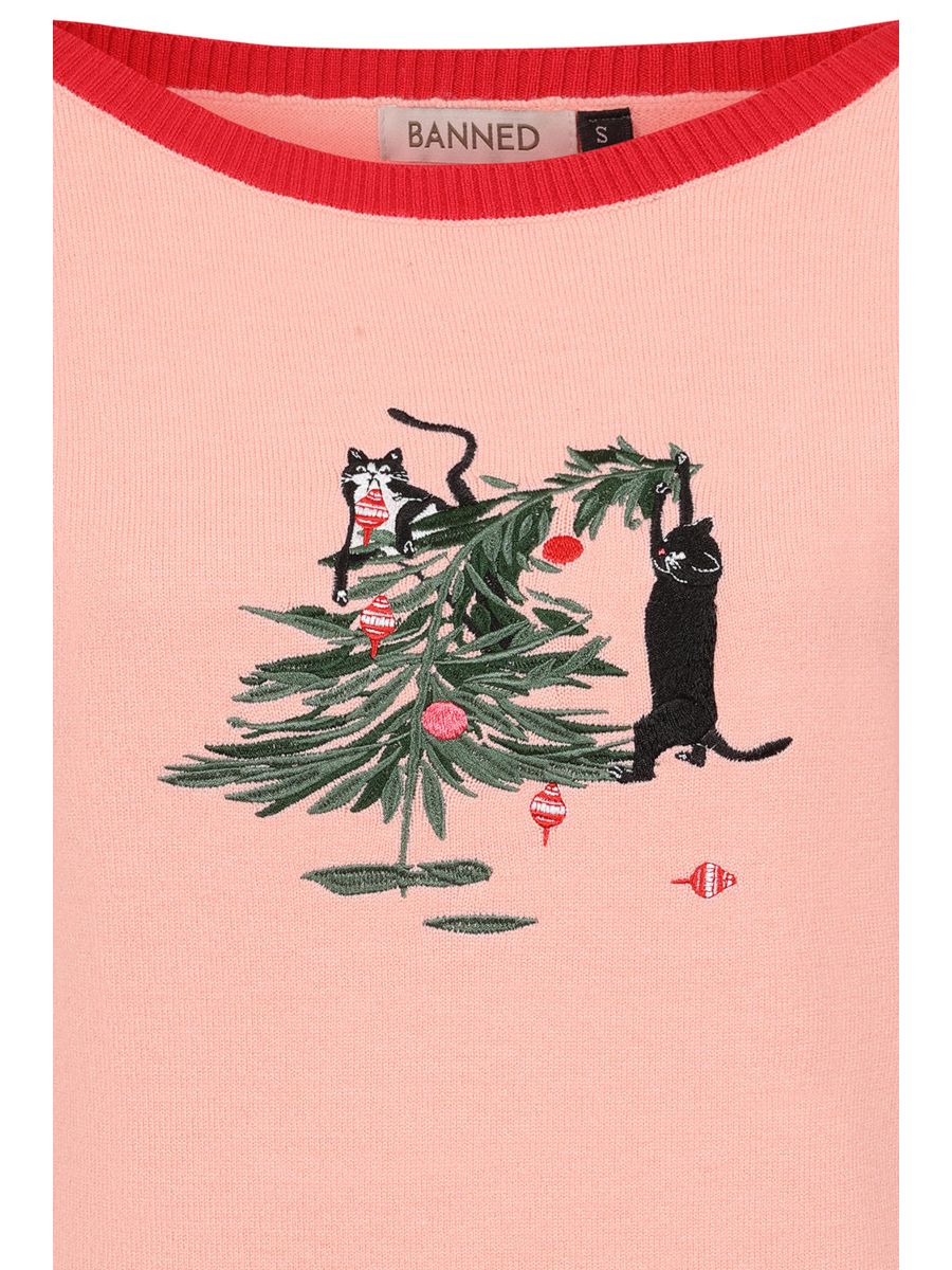 Banned Kiki Purrfect Christmas Jumper - 50s Style Cat Embroidered Sweater-Pink