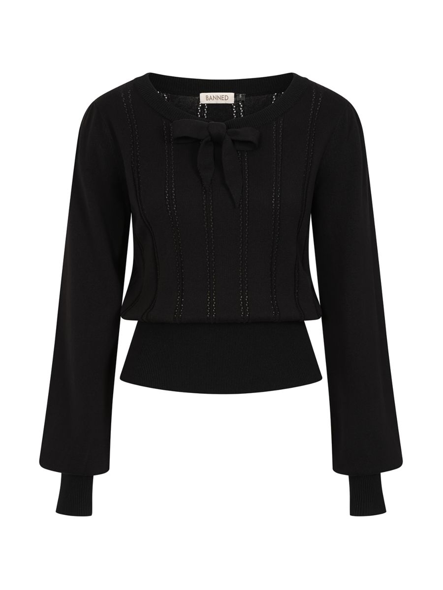Banned Angel 40s Pointelle Knit Jumper - Crew Neck Pussy Bow Balloon Sleeve Sweater-Black