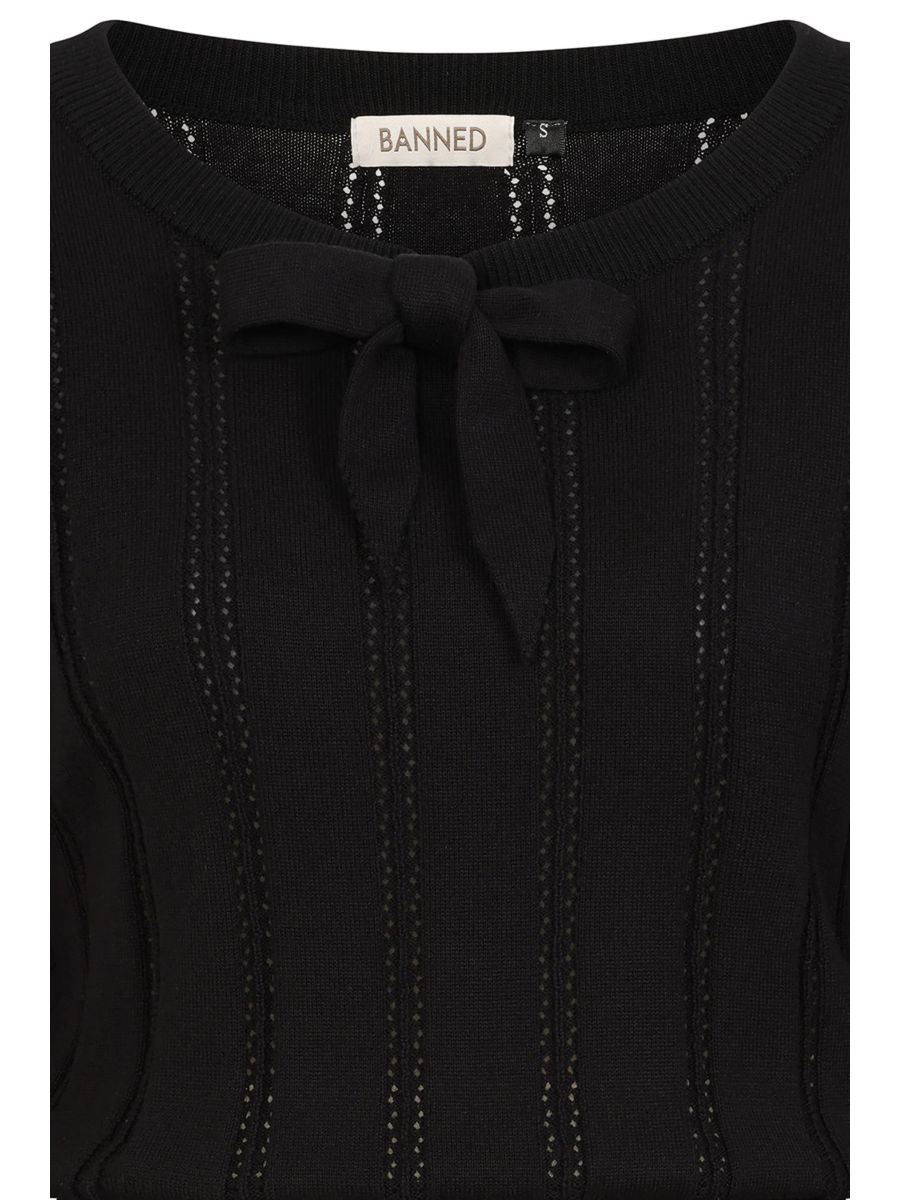 Banned Angel 40s Pointelle Knit Jumper - Crew Neck Pussy Bow Balloon Sleeve Sweater-Black