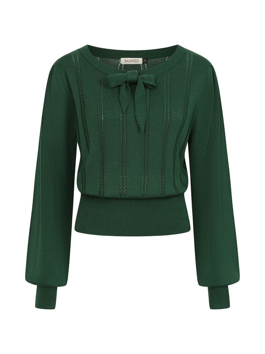Banned Angel 40s Pointelle Knit Jumper - Crew Neck Pussy Bow Balloon Sleeve Sweater-Bottle Green