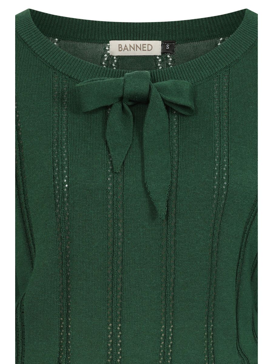 Banned Angel 40s Pointelle Knit Jumper - Crew Neck Pussy Bow Balloon Sleeve Sweater-Bottle Green