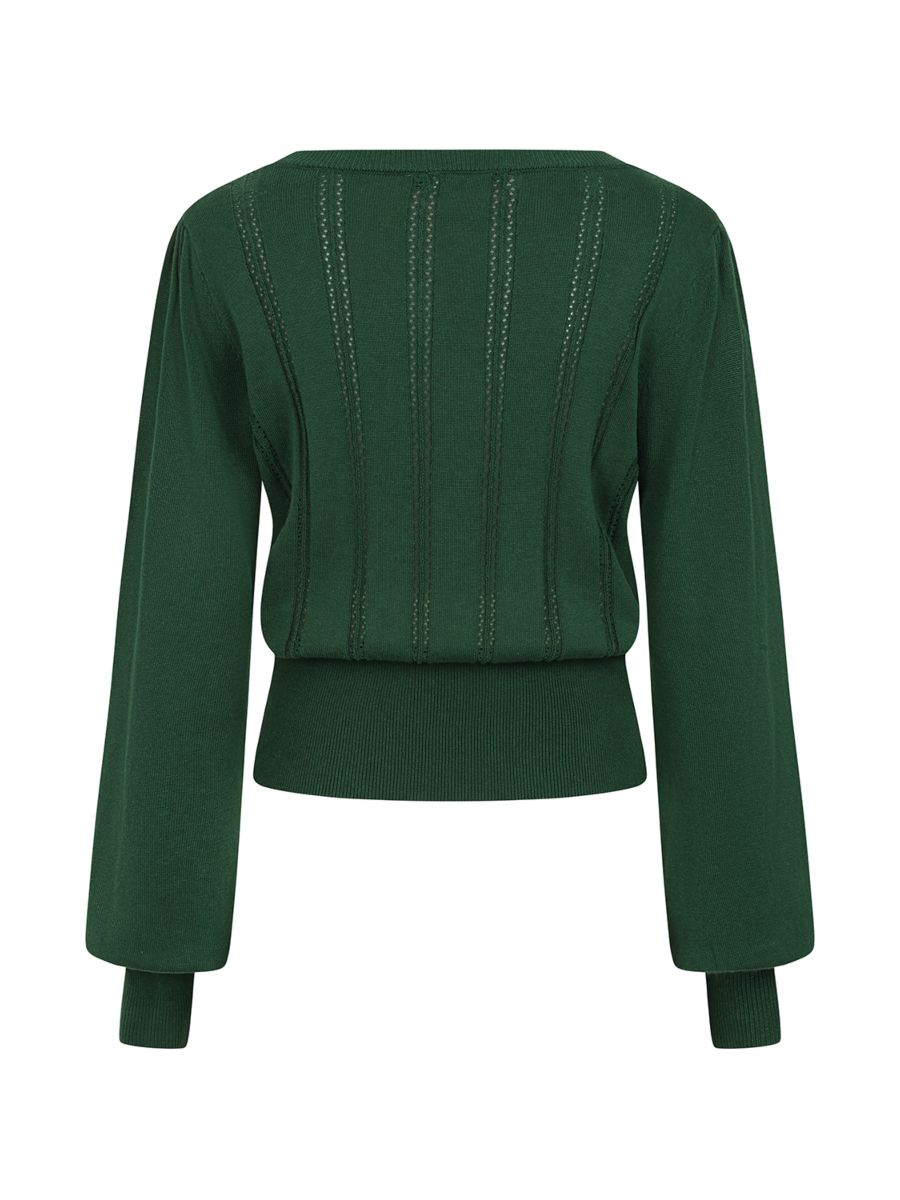 Banned Angel 40s Pointelle Knit Jumper - Crew Neck Pussy Bow Balloon Sleeve Sweater-Bottle Green