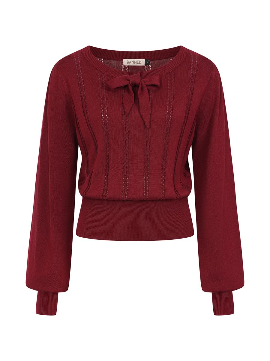 Banned Angel 40s Pointelle Knit Jumper - Crew Neck Pussy Bow Balloon Sleeve Sweater-Burgundy