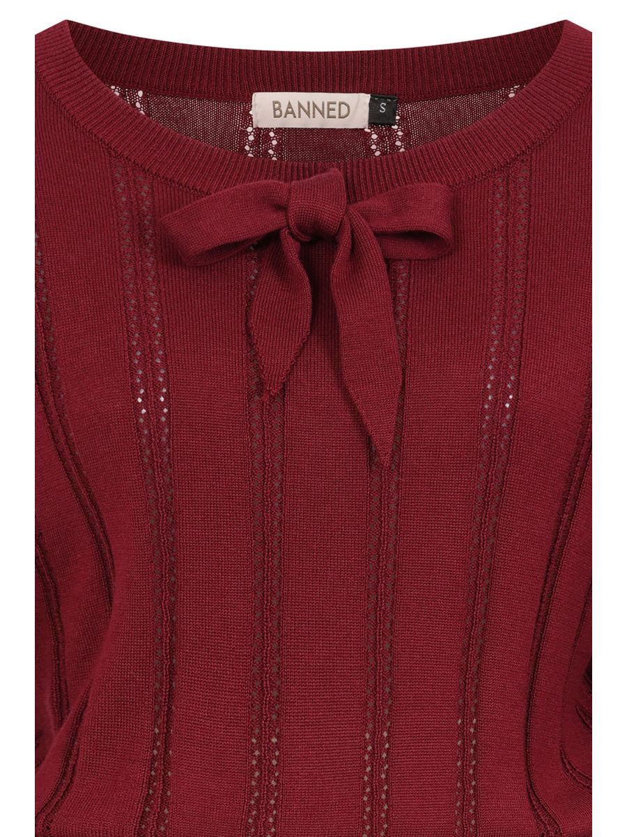 Banned Angel 40s Pointelle Knit Jumper - Crew Neck Pussy Bow Balloon Sleeve Sweater-Burgundy
