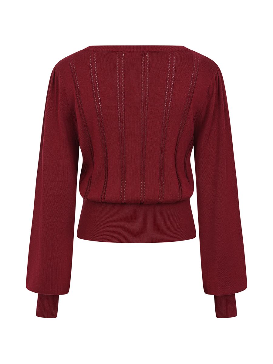 Banned Angel 40s Pointelle Knit Jumper - Crew Neck Pussy Bow Balloon Sleeve Sweater-Burgundy