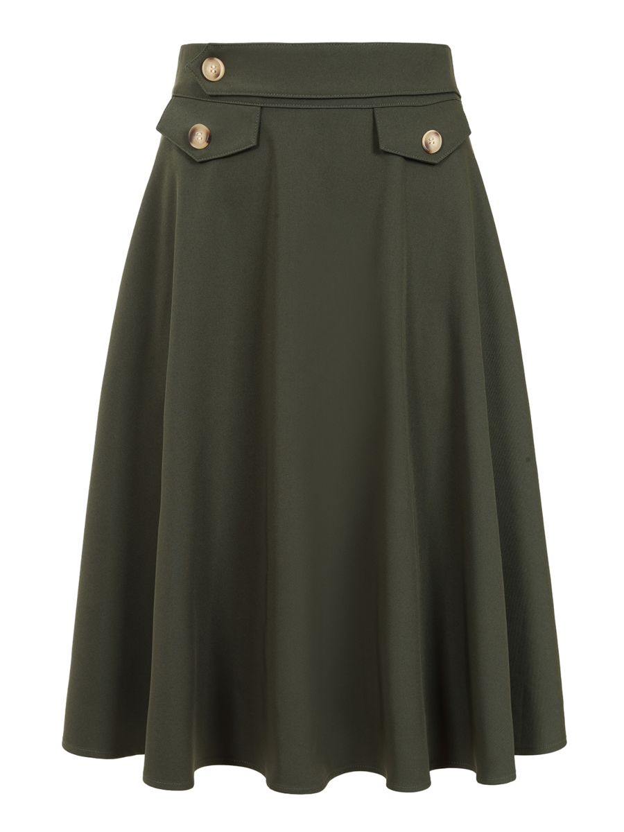 Banned Retro Book Club Swing Skirt with Button and faux flap pocket details-Green